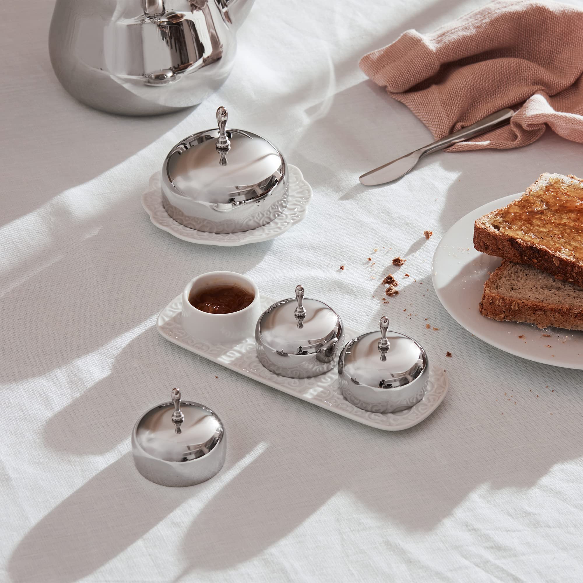 Alessi ''Dressed'' Three-Section Jam Tray In Porcelain With Lids In 18/10 Stainless Steel Mirror Polished, White